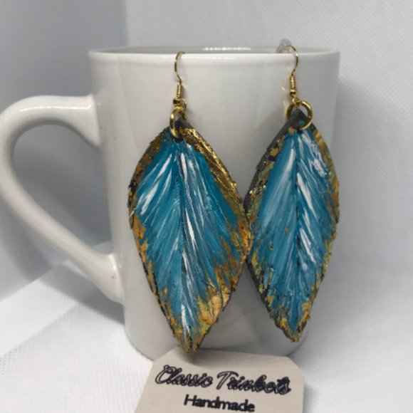 Leather hand painted golf leaf turquoise earrings - Picture 2 of 3